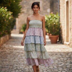 STORIA ANTHROPOLOGIE Smocked Tiered Maxi Skirt M Floral Boho Festival Cottage